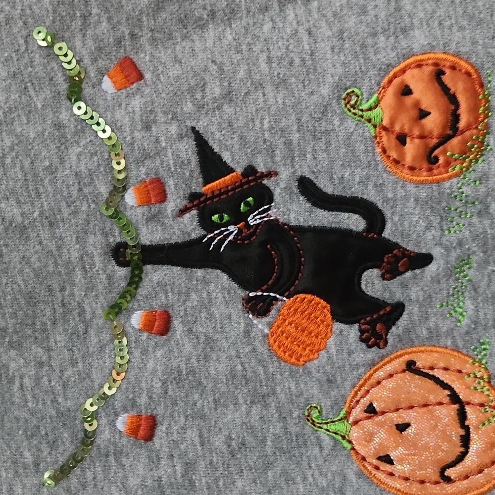 Holiday Editions, Halloween Gray Sweatshirt w Pumpkin and Cat Embroided Design - Picture 2 of 4